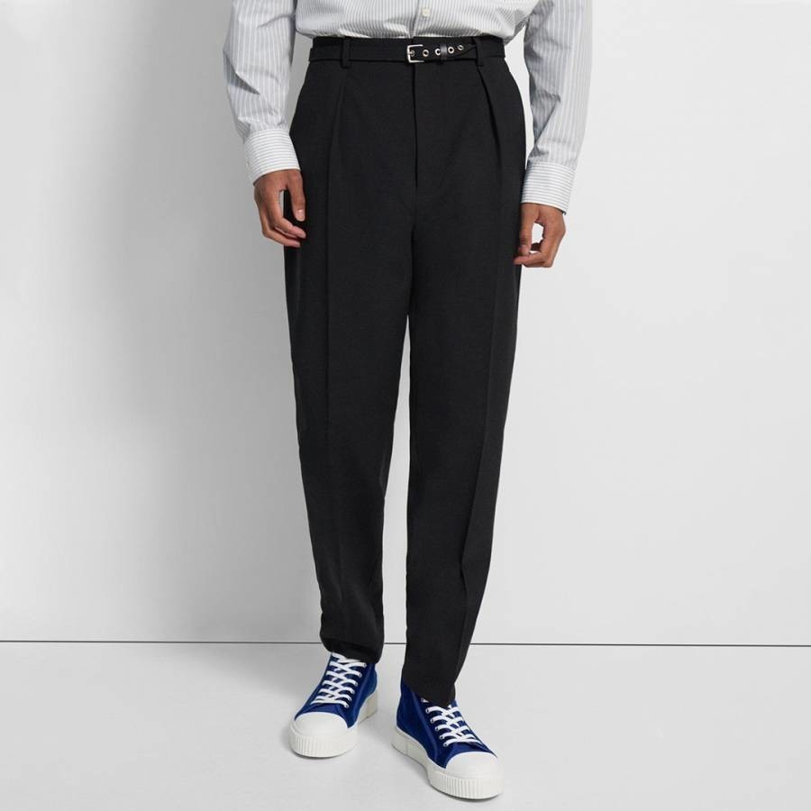 Black Pleated Wool Blend Trousers