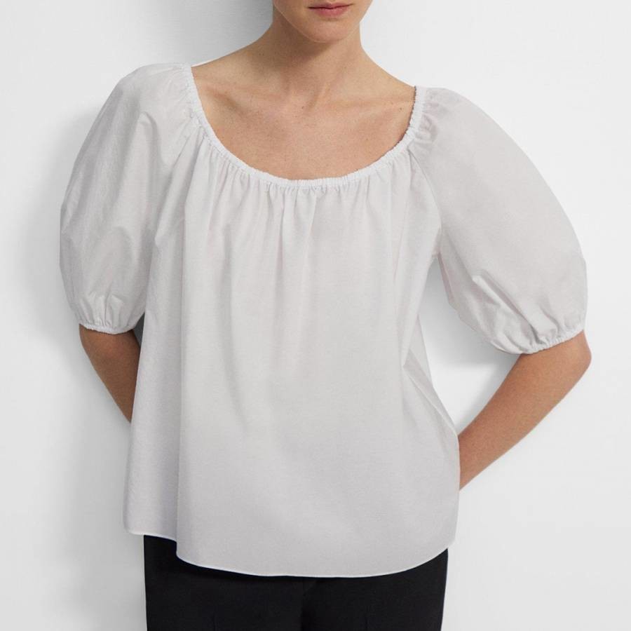 White Scoop Tie Cotton Blend Top