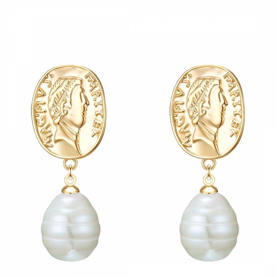 Yellow Gold Coin And Pearl Drop Earrings