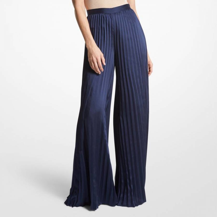 Navy Pleated Wide Leg Trousers