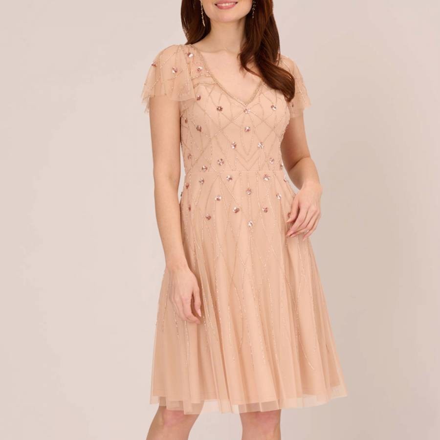 Nude Beaded Short Sleeve Dress