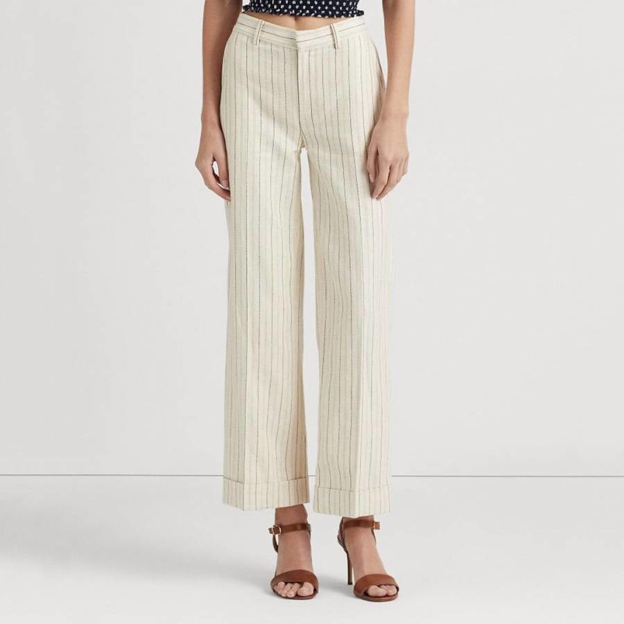 Cream Striped Linen Blend Trousers