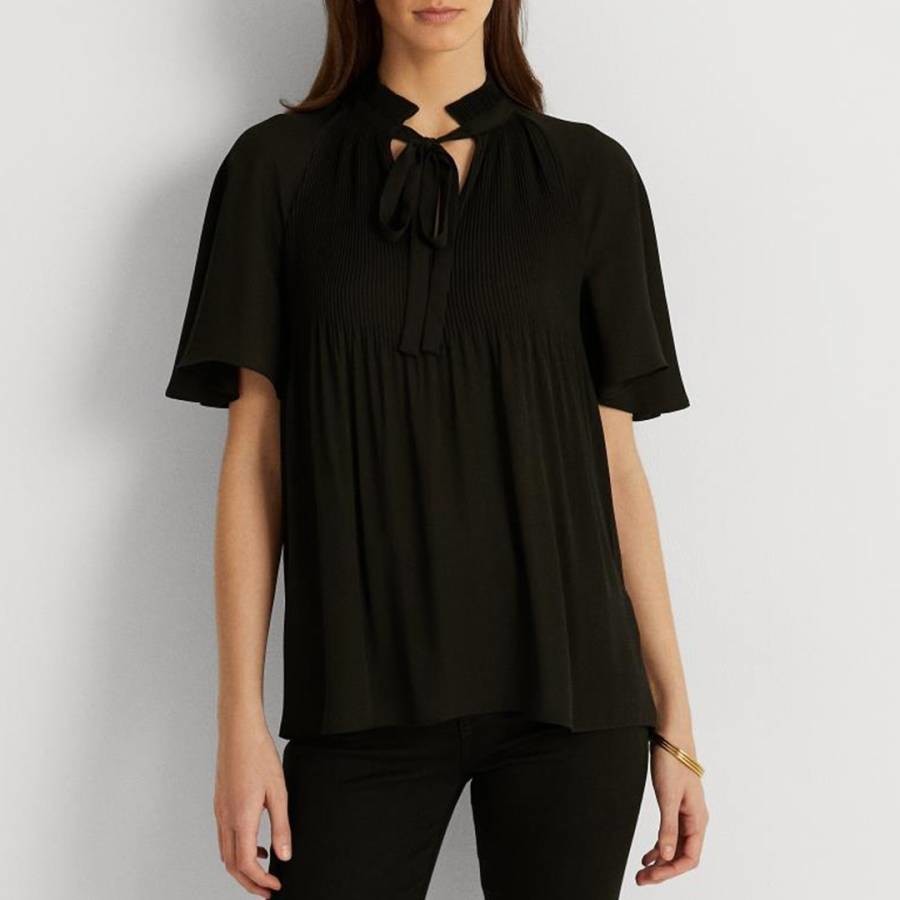 Black Pleated Tie Neck Blouse