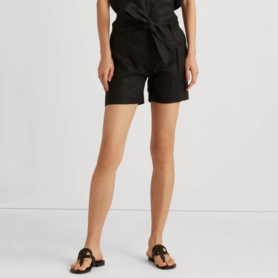 Black Linen Belted Shorts