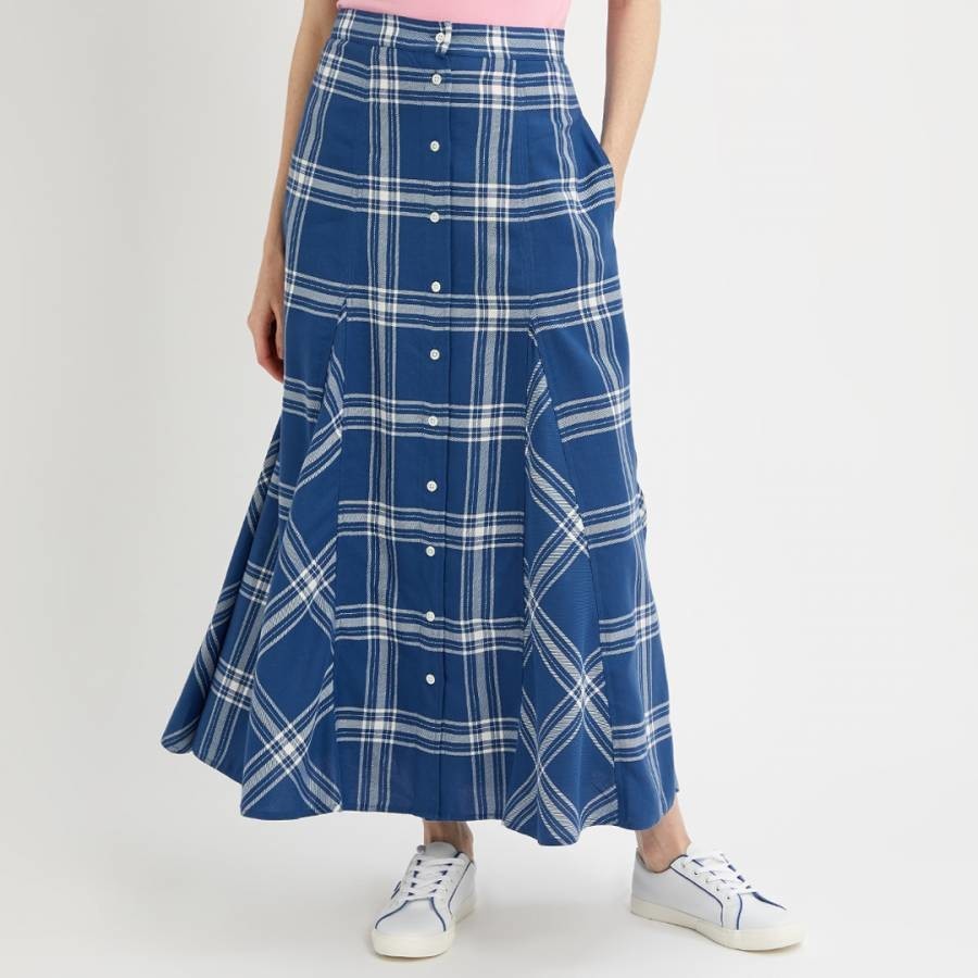 Blue Cotton Plaid Midi Skirt