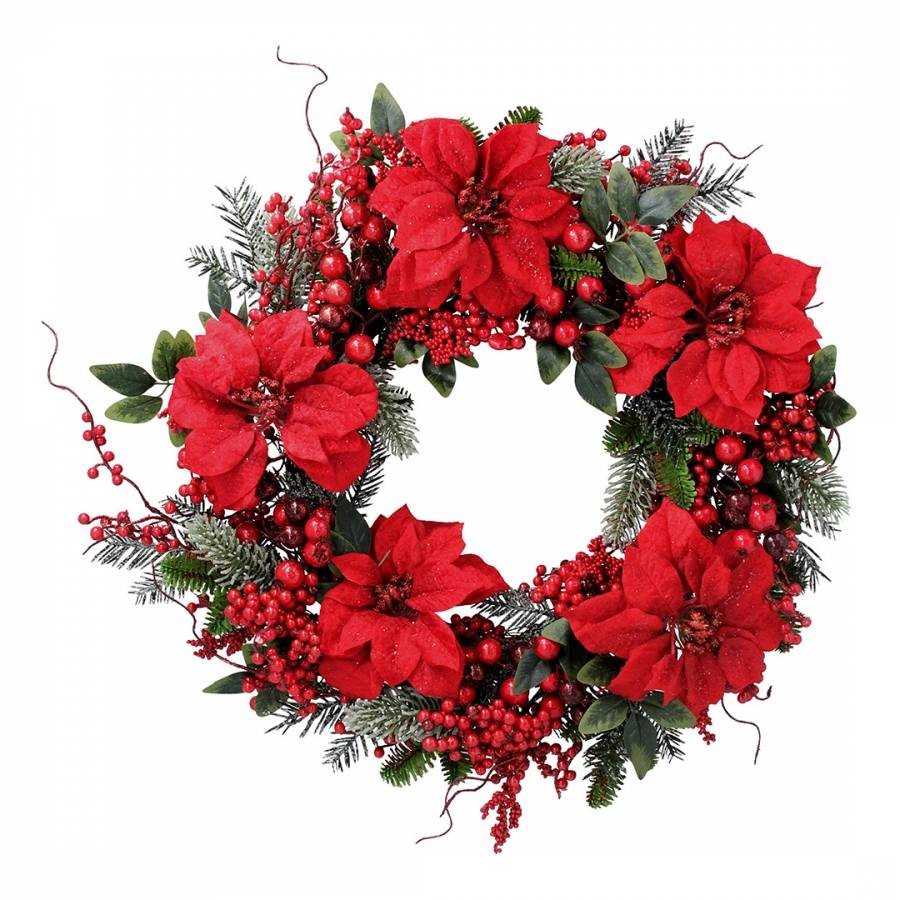 Fir Wreath with Red Poinsettia/Berries 60cm
