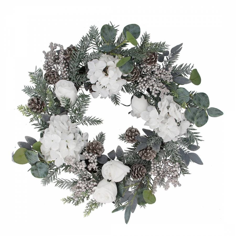 Fir/Eucalyptus White Flower Wreath 60cm