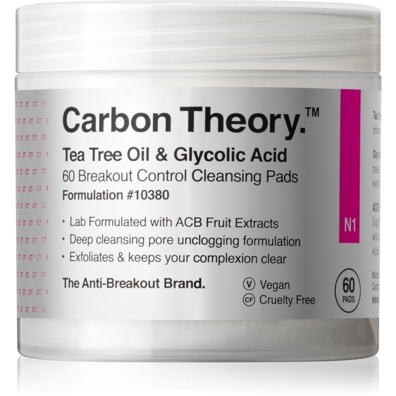 Carbon Theory Tea Tree Oil & Glycolic Acid cleansing pads to brighten and smooth the skin 60 pc