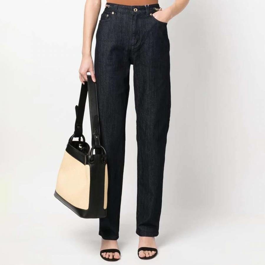 Indigo High Waist Tapered Stretch Jeans