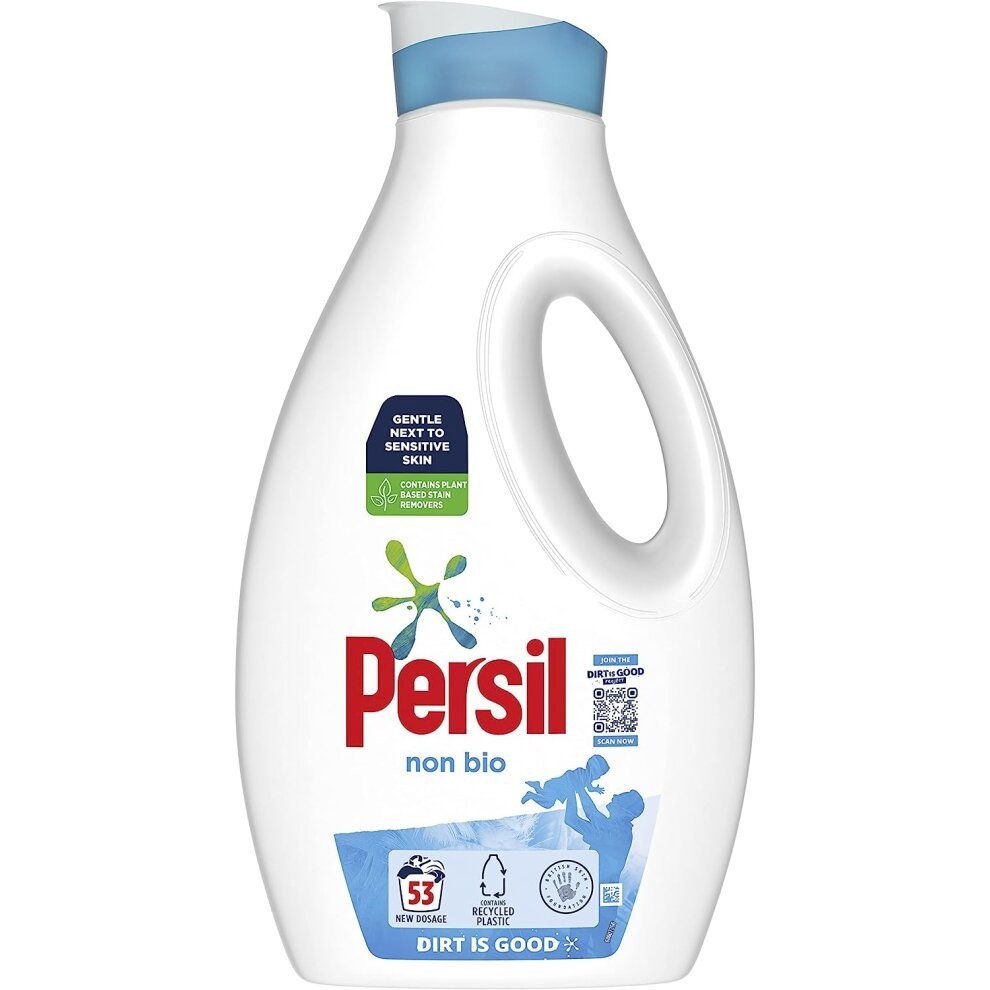 Persil Non Bio Laundry Washing Liquid Detergent 100% recyclable bottle tough on stains, gentle next to sensitive skin 53 wash 1.431 L