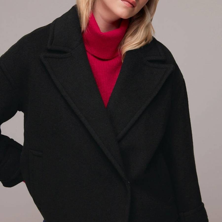Black Relaxed Cropped Wool Blend Coat