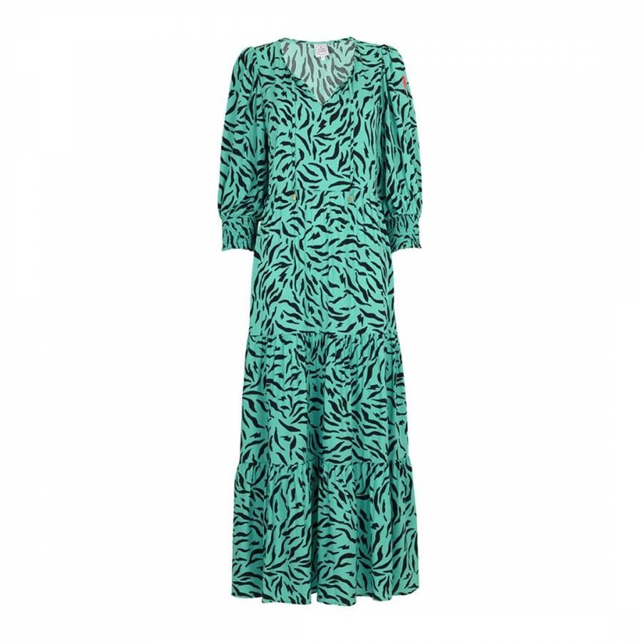 Green Zebra Print Blouson Sleeve Midi Dress