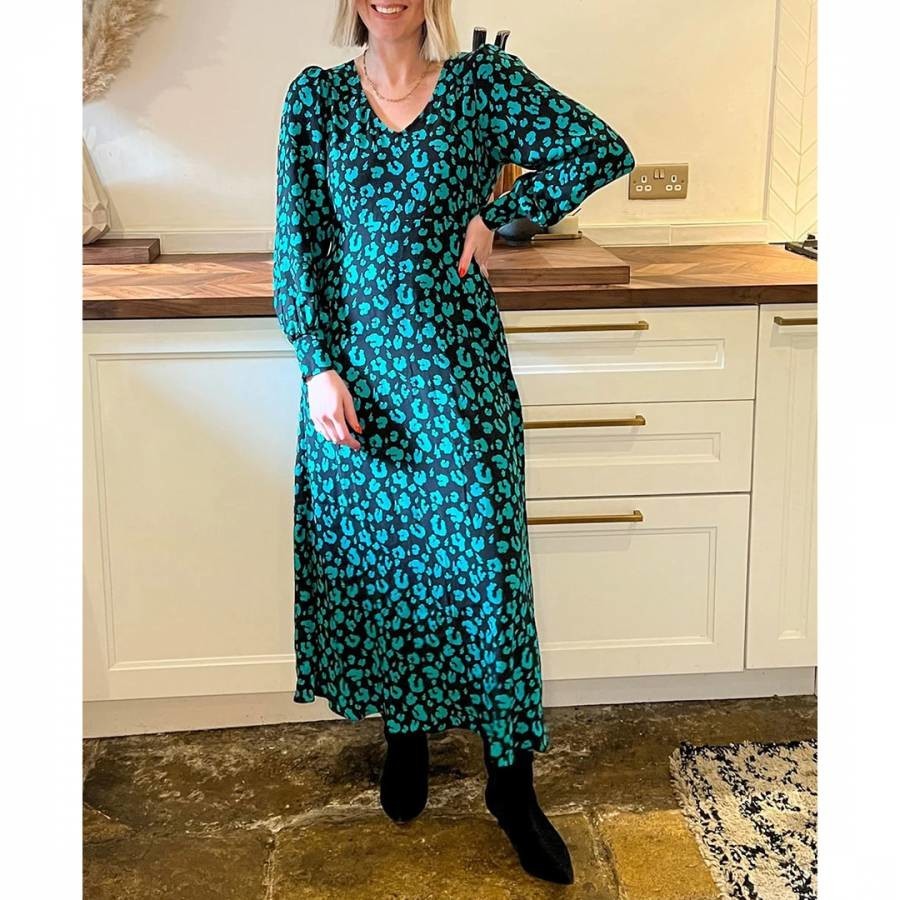 Green Leopard Print Blouson Sleeve Midi Dress