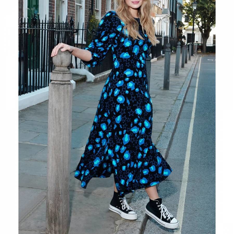 Black/Blue Leopard Print Midi Dress