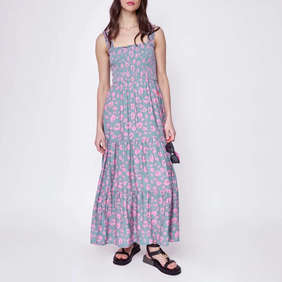 Khaki/Pink Leopard Print Strappy Midi Dress