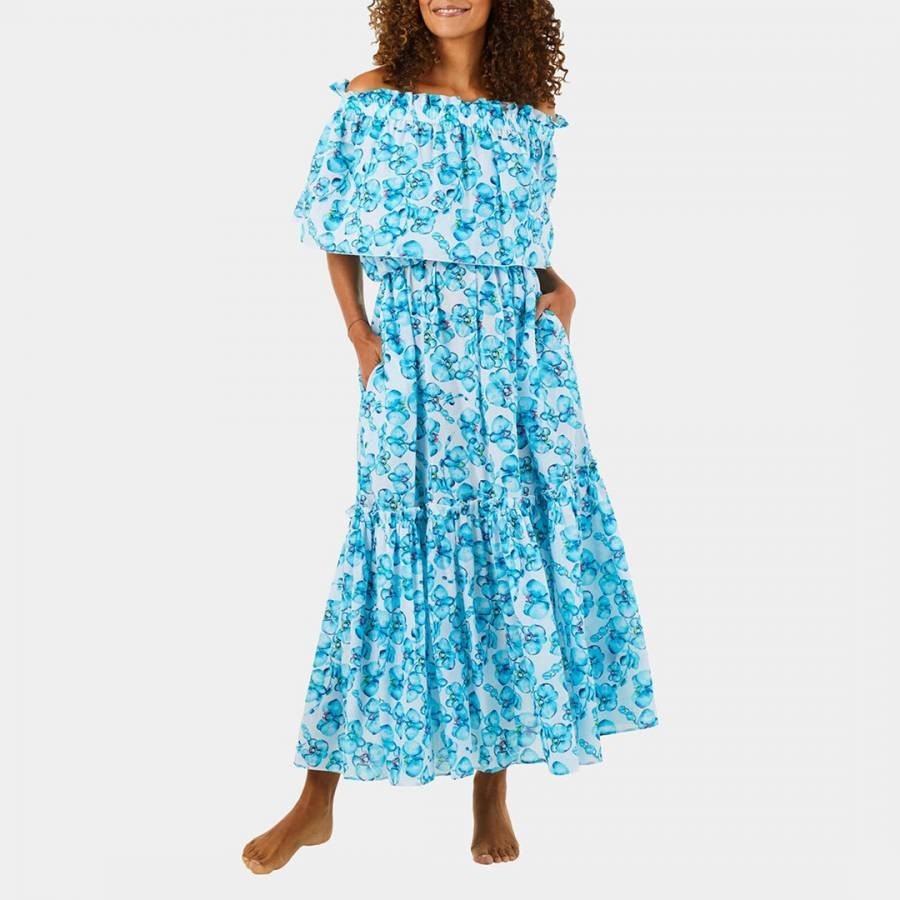 Blue Floral Print Cotton Maxi Dress
