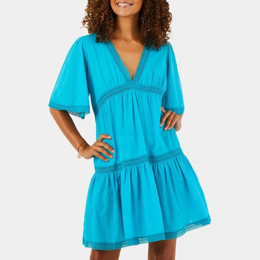 Blue Cotton V Neck Mini Dress