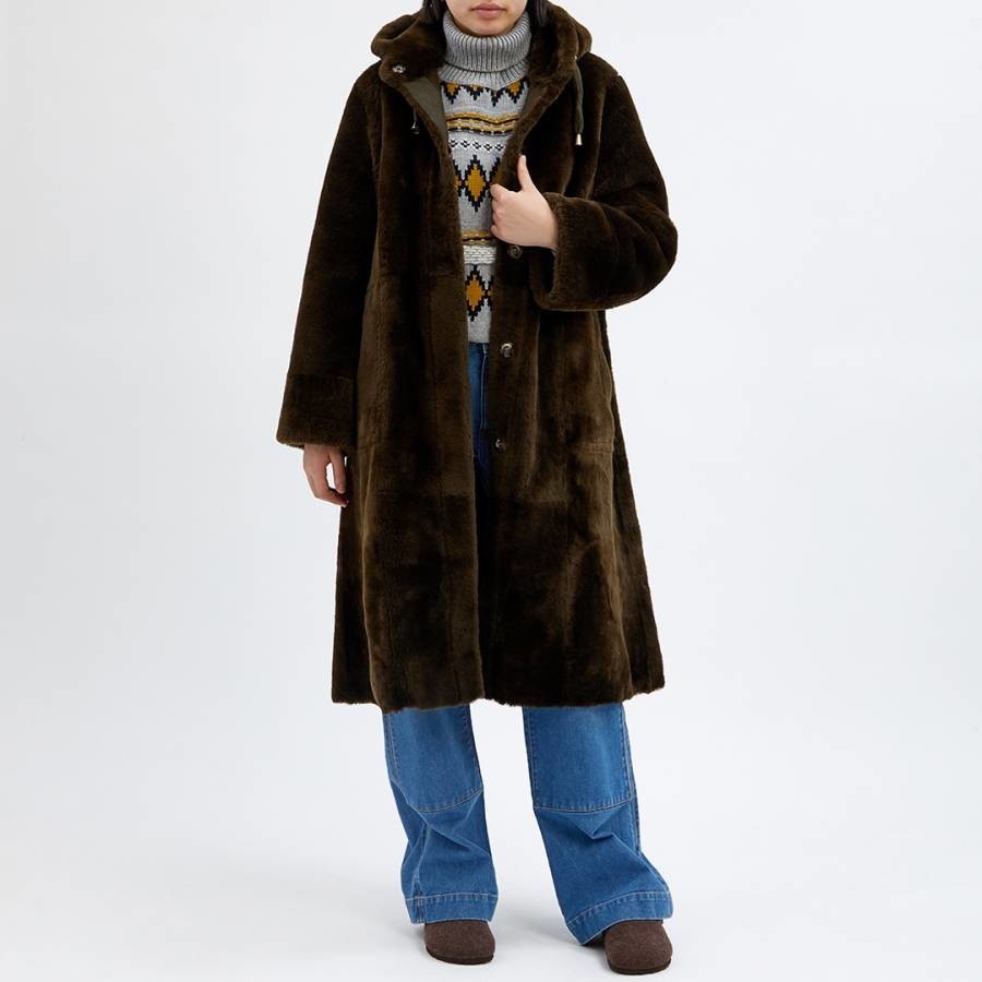 Khaki Shearling Longline Hooded Coat