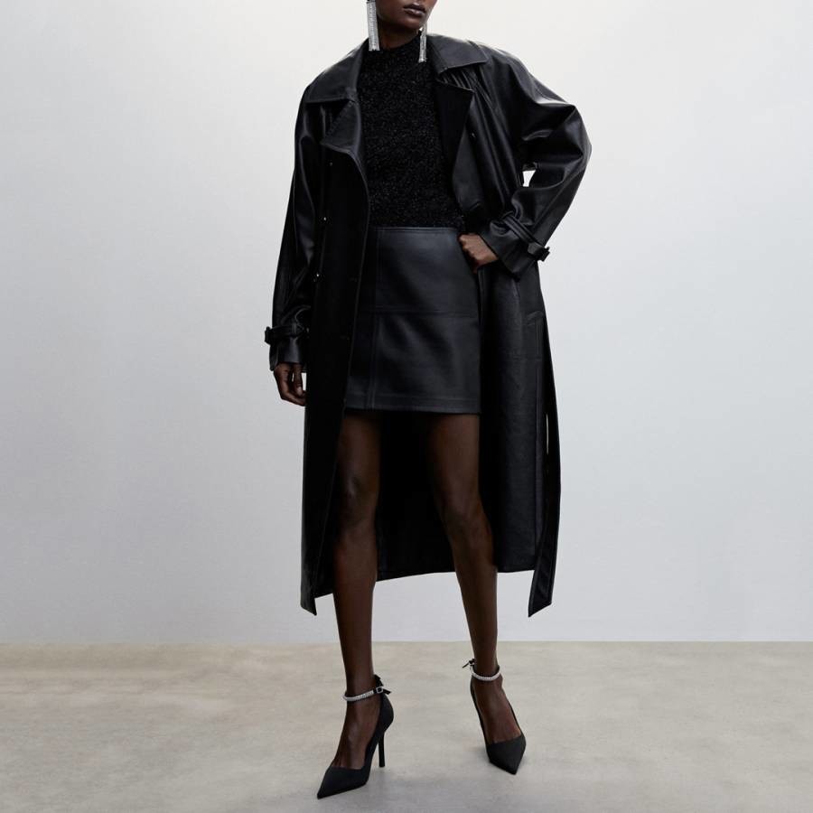 Black Leather-Effect Trench Coat