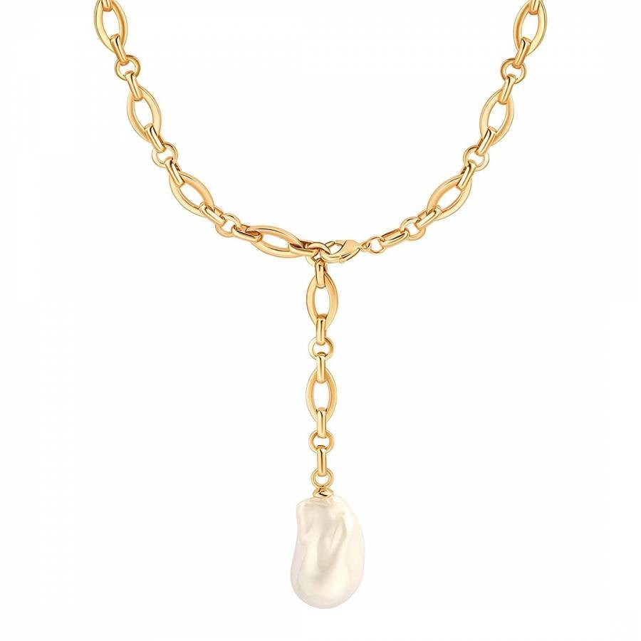 18K Gold Fancy Link Baroque Pearl Lariat Necklace