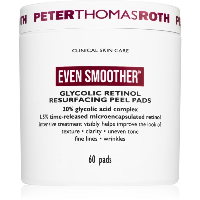 Peter Thomas Roth Even Smoother Glycolic Retinol Resurfacing Peel Pads exfoliating cotton pads night 1 caps.