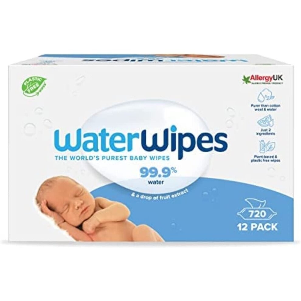 WaterWipes Original Plastic Free Baby Wipes, 720 Count (12 packs), 99.9% Water Based Wet Wipes & Unscented for Sensitive Skin