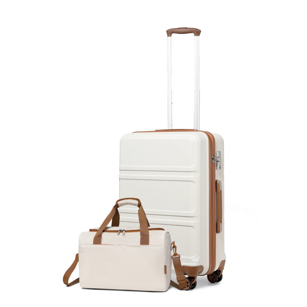 (20 Inch+Travel bag) KONO 20/24/28 Inch ABS Hard Shell Suitcase Set Trolley Hand Cabin Luggage & Travel Bag-Cream
