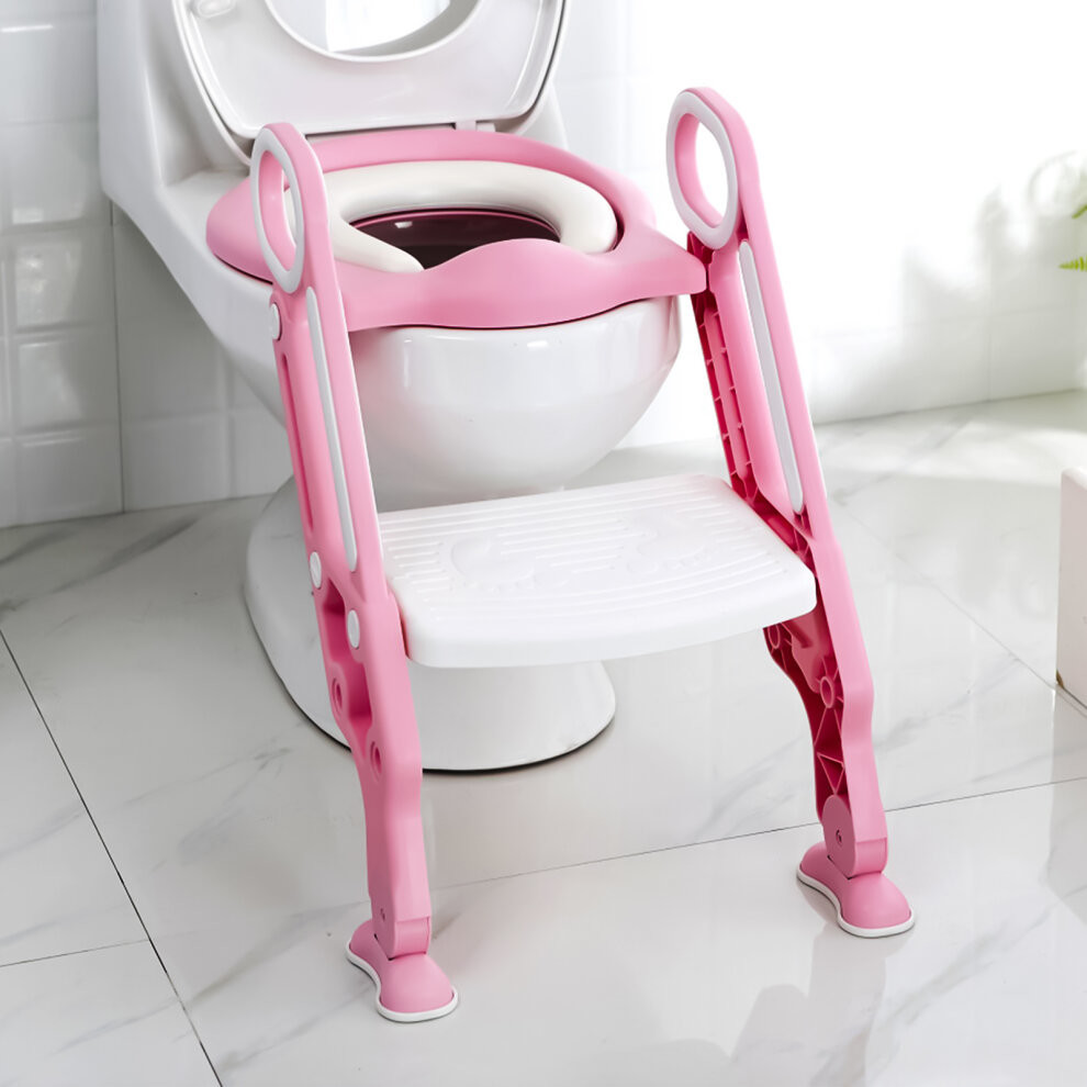 (Pink) Children Toilet Seat & Ladder Toddler Training Step Up Easy Fold Down For Kids