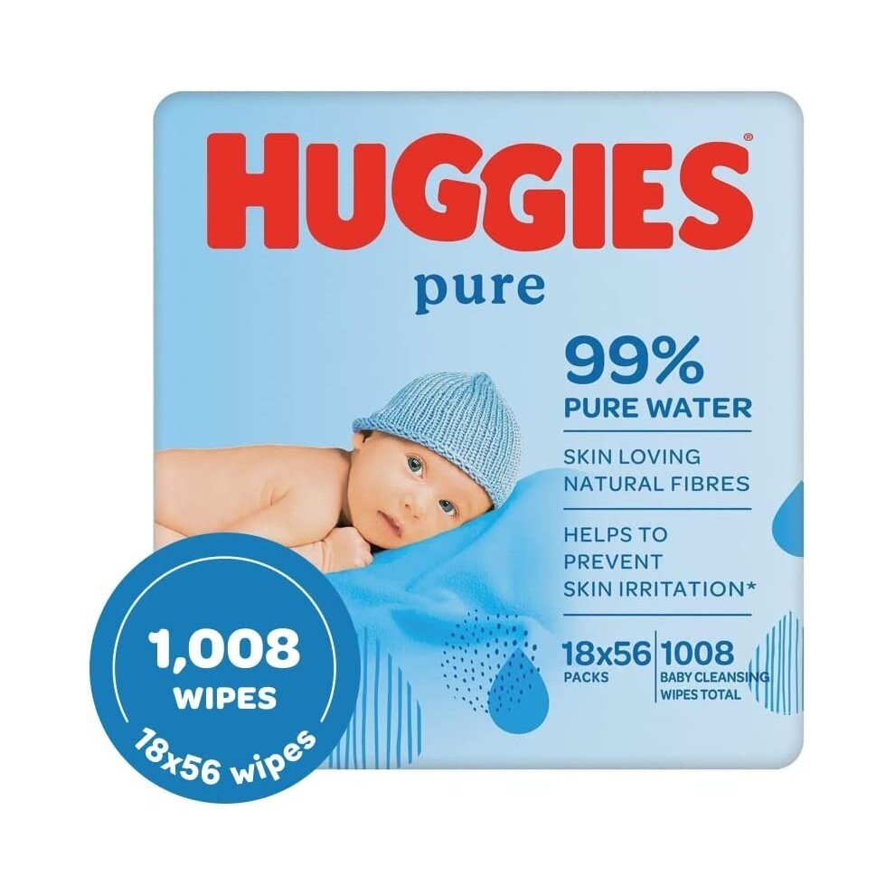Huggies Pure, Baby Wipes, 18 Packs (1008 Wipes Total)  99 Percent Pure Water Wipes Fragrance Free for Gentle Cleaning and Protection Natural Wet Wipes