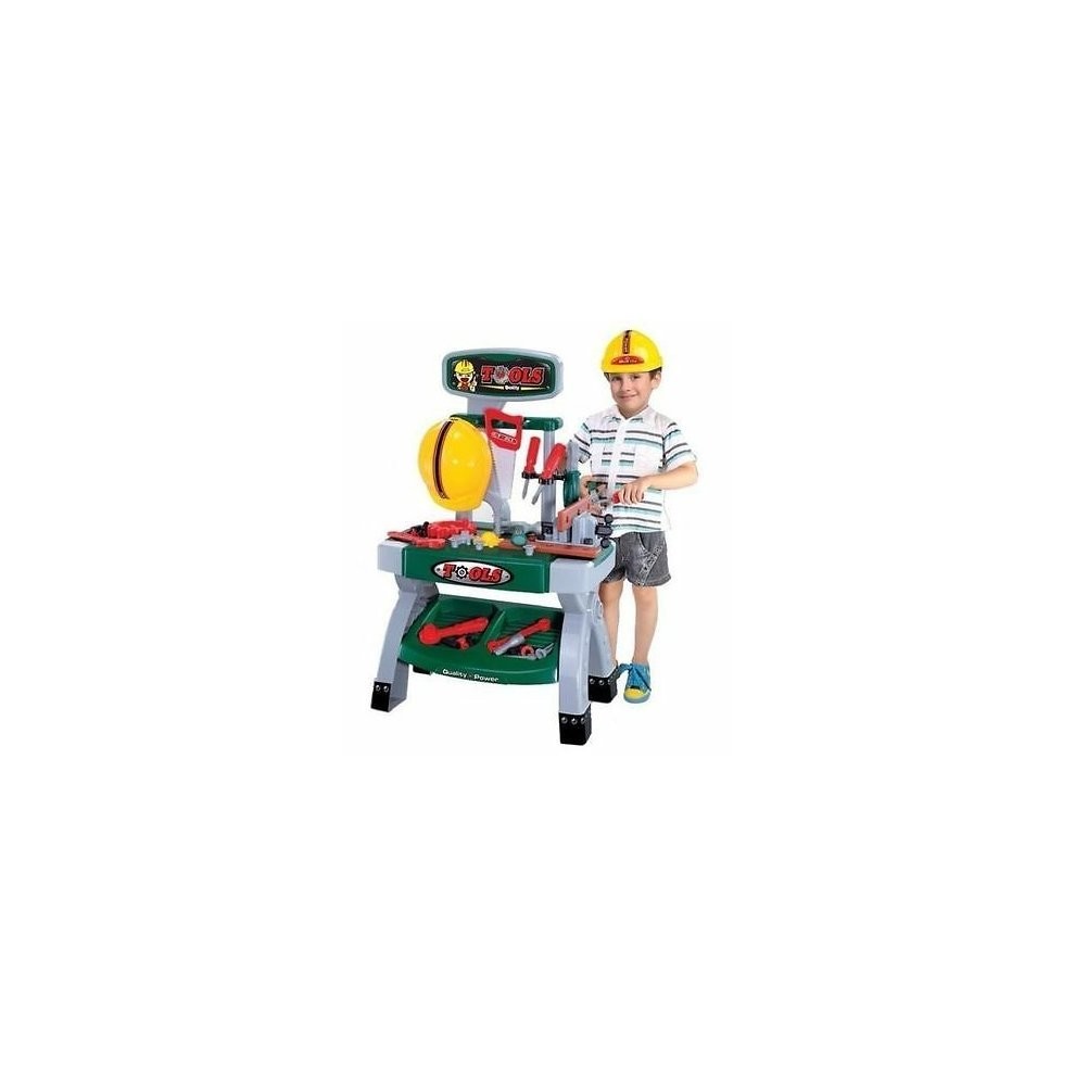 CHILDRENS BOYS TOY WORK BENCH WITH 45+ TOOLS HARD HAT ROLE PLAY BUILDERS SET 881