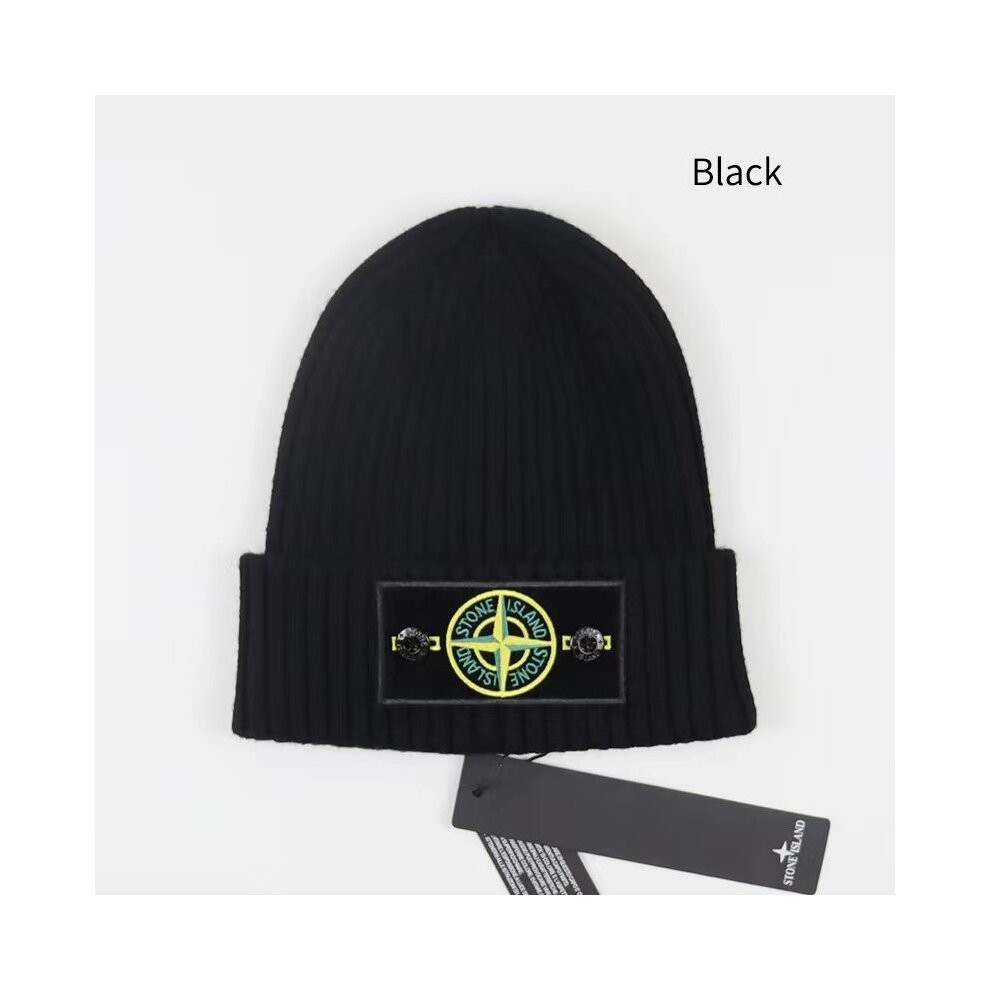 (Black) Stone Island Hat Warm Thick Cap Cuffed Knit Stretch Beanie Hat