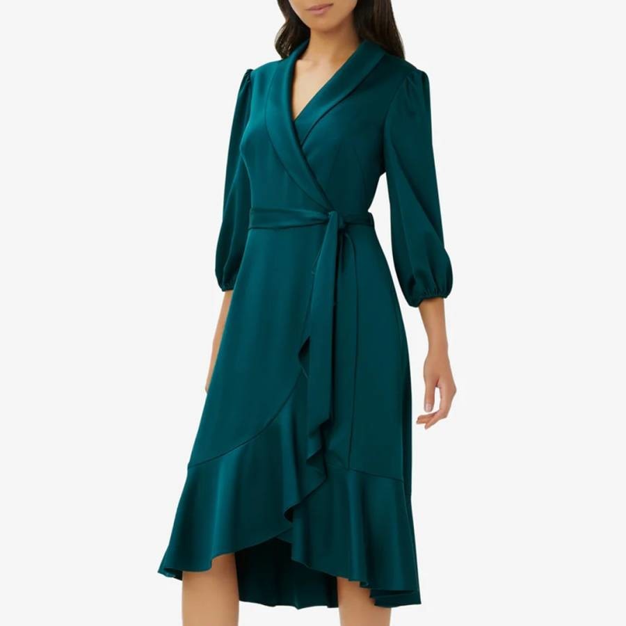 Green Satin Crepe Wrap Dress