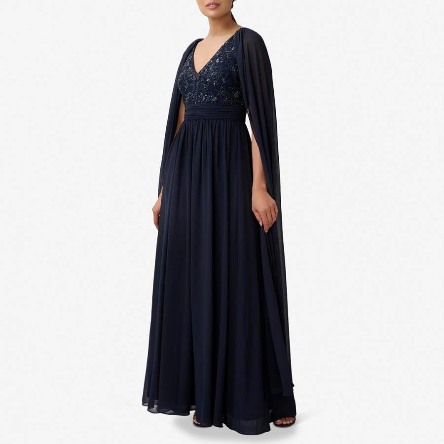 Navy Beaded Cape Design Gown