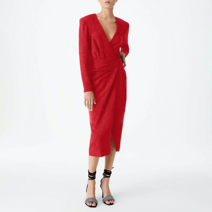 Red V-Neck Wrap Midi Dress