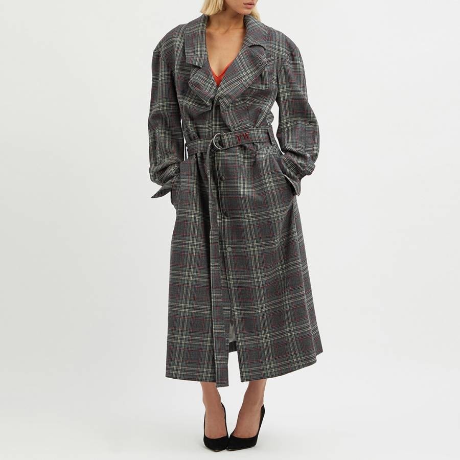 Dark Grey Check Longline Wool Coat