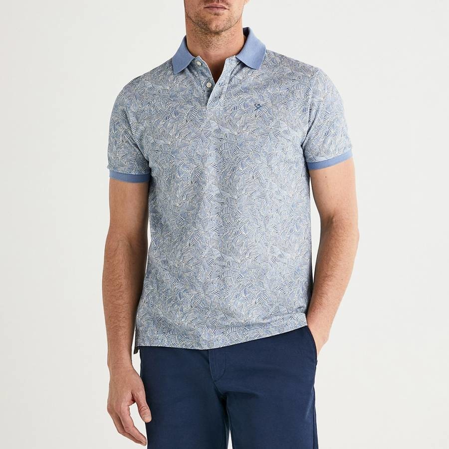 Blue Allover Leaf Printed Cotton Polo Shirt