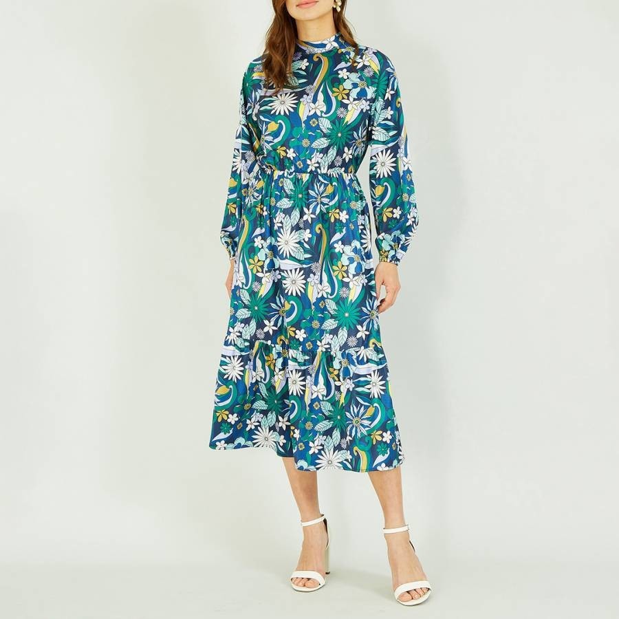 Blue/Multi Seventies Floral Print Midi Dress
