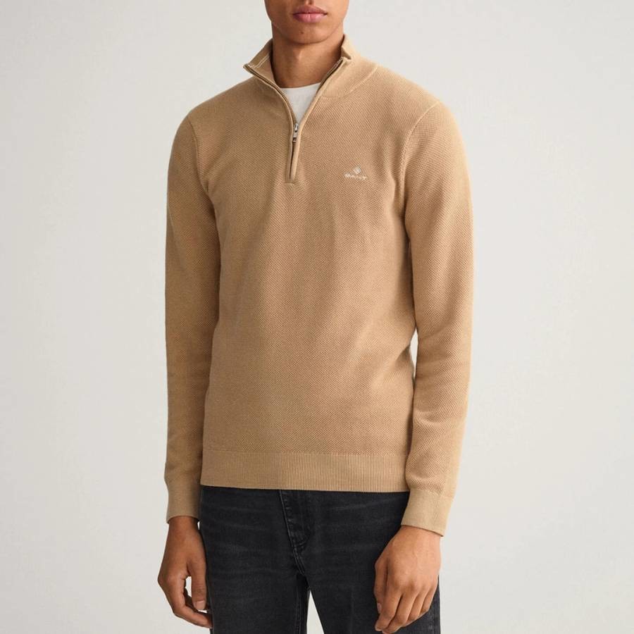 Camel Cotton Half Zip Jumper