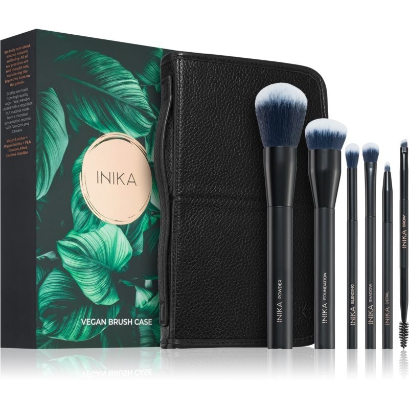 INIKA Organic Brush Case With Brushes makeup brush set with a pouch 6 pc