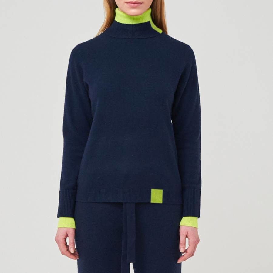 Navy Contrast Cashmere Roll Neck