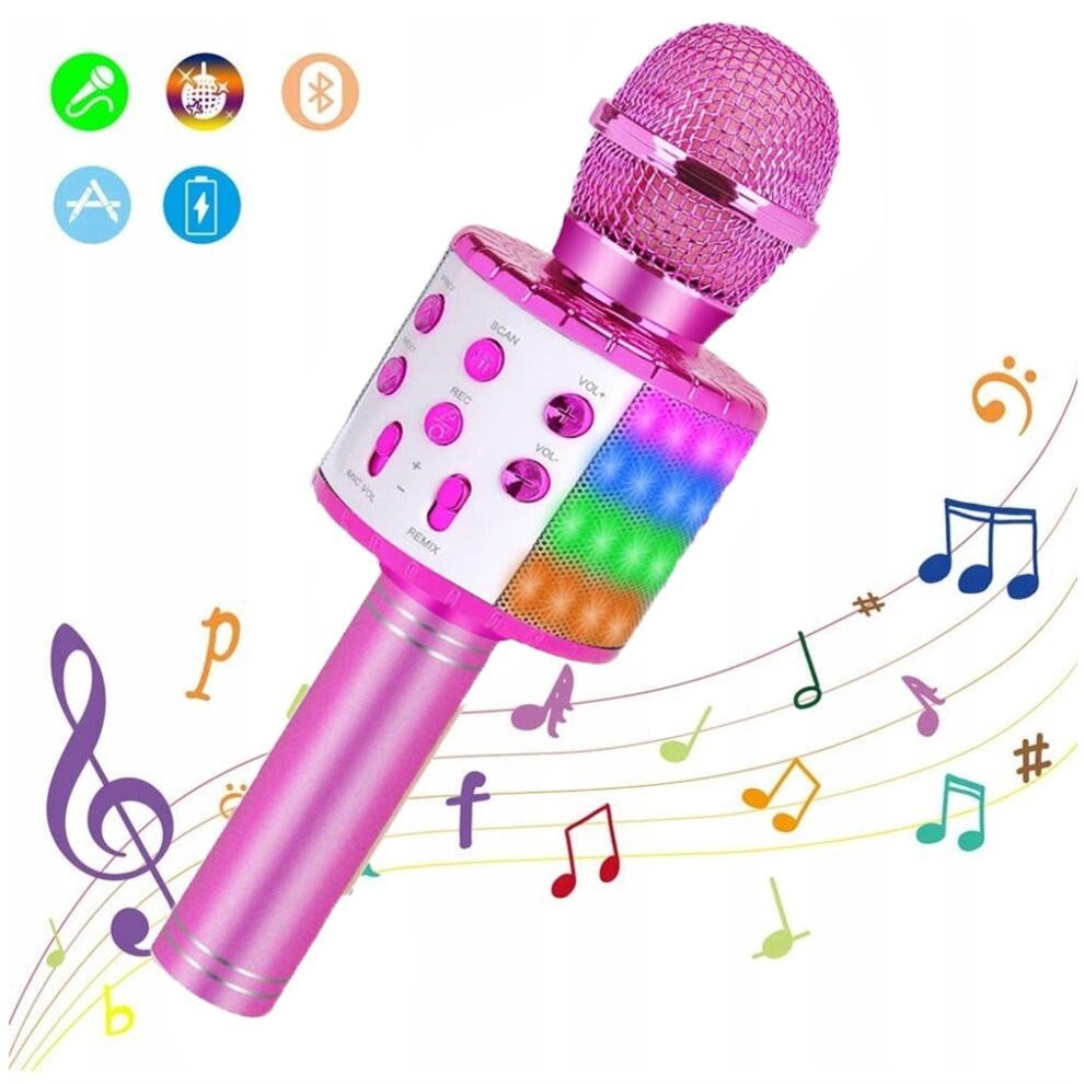(Rose red) Wireless Karaoke Microphone Bluetooth Handheld Portable Speaker Home KTV Player with LED Lighting Recording Function