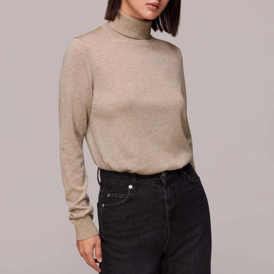 Beige Sparkle Polo Neck Knitted Top