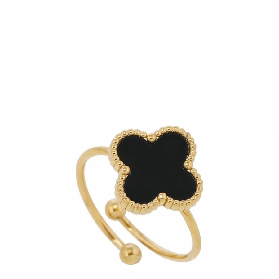 18K Gold Black Clover Adjustable Ring