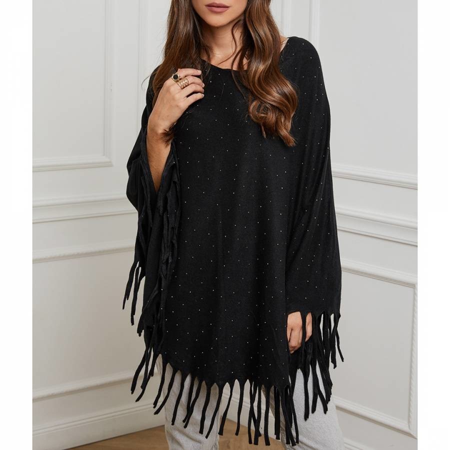 Black Cashmere Blend Tassel Poncho