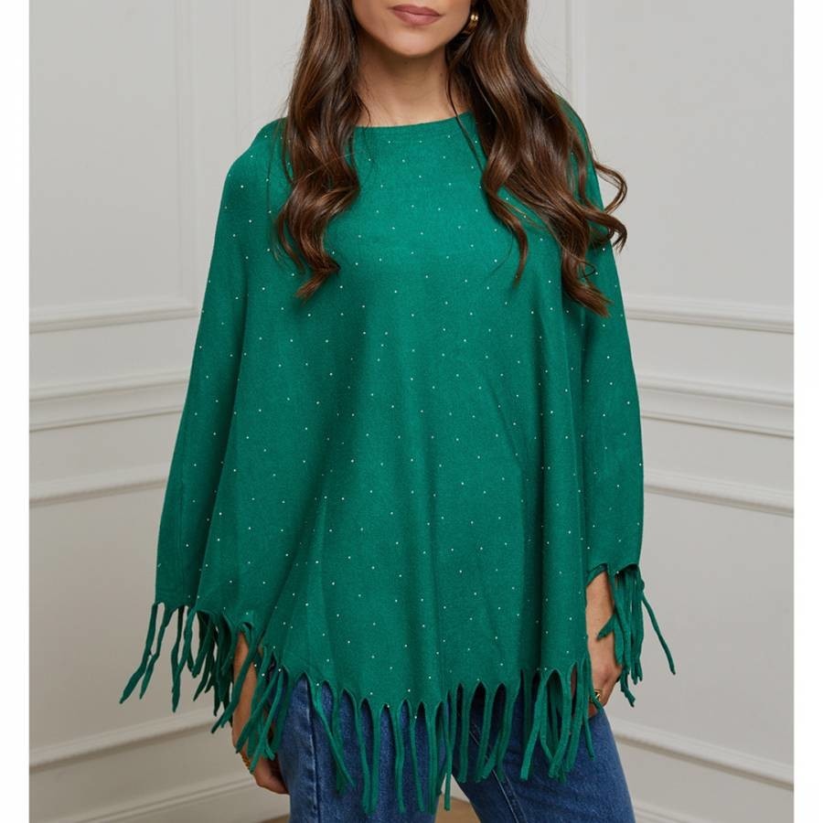 Green Cashmere Blend Tassel Poncho