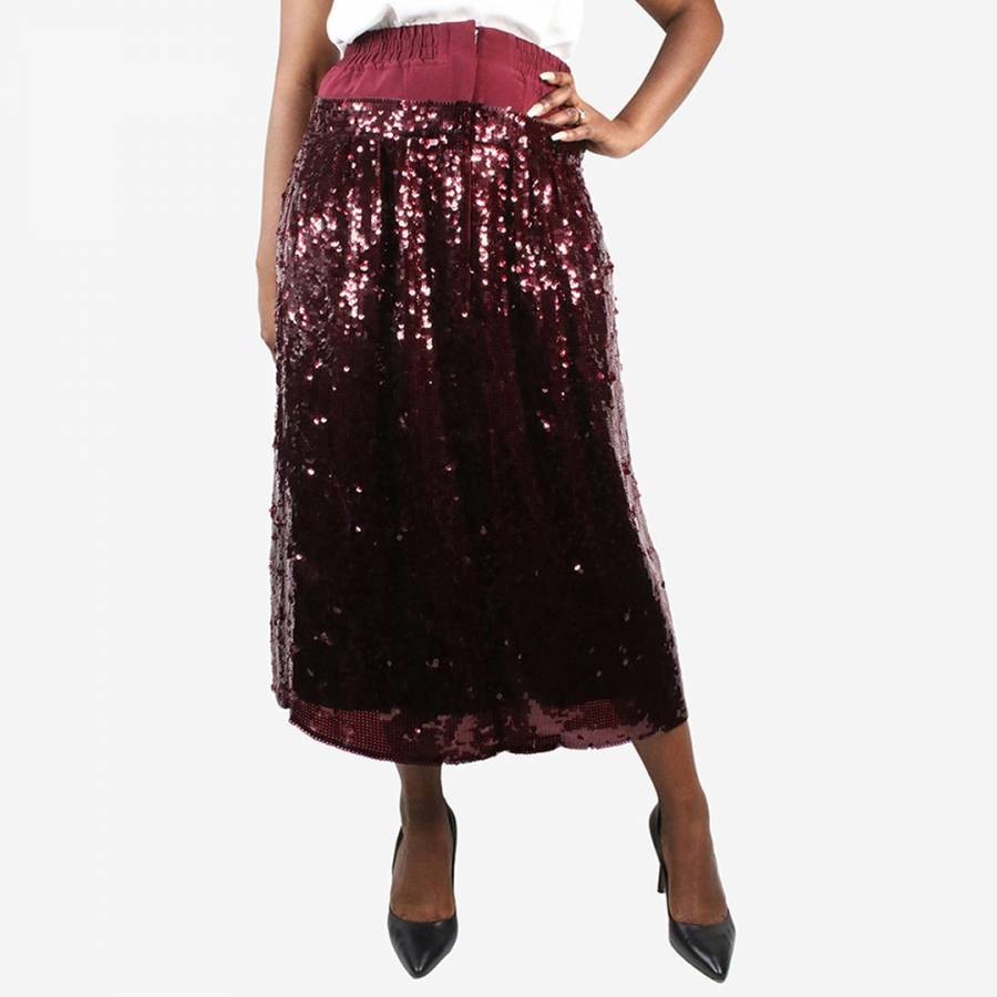Burgundy Sequin-Embellished Silk Midi Skirt UK 14