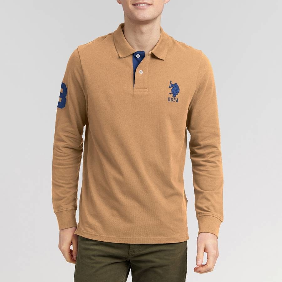 Camel Long Sleeve Cotton Polo Shirt