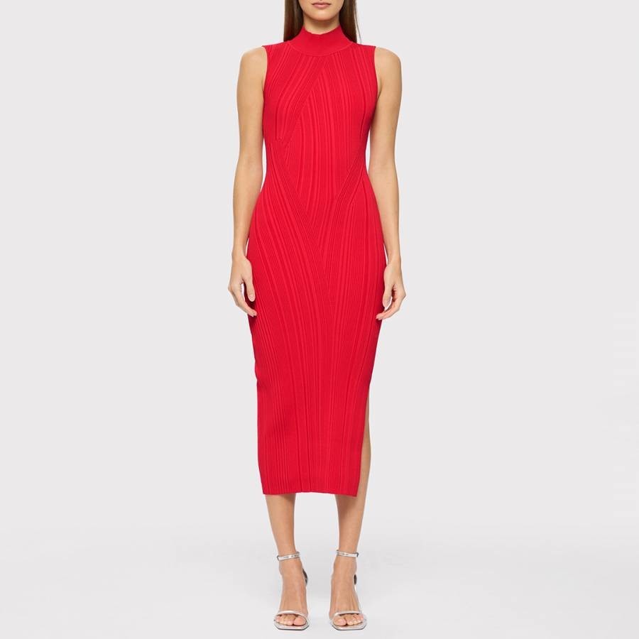 Red Rib Knit Sleeveless Turtleneck Dress
