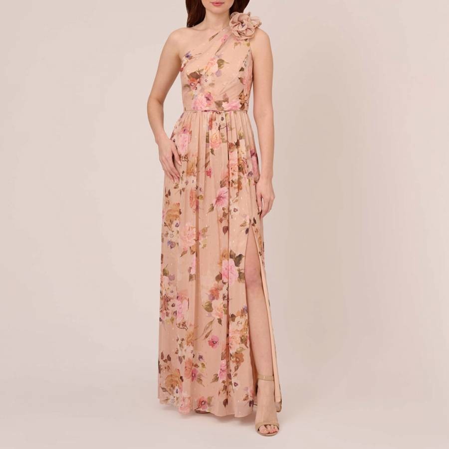 Multi Floral One Shoulder Chiffon Gown