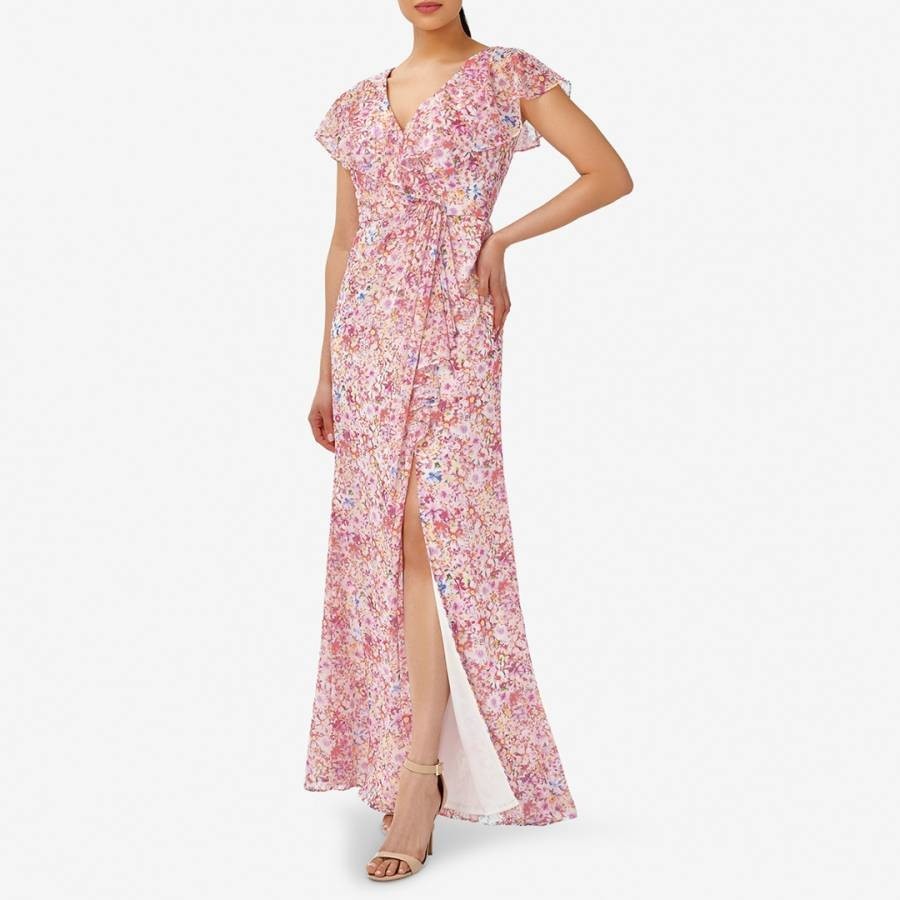 Pink Floral Printed Chiffon Gown